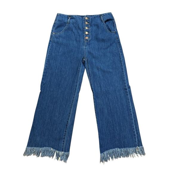Risen Womens Size 28/7 Button Fly High Rise Cropped Fringe Wide Leg Blue Jeans - Picture 1 of 12
